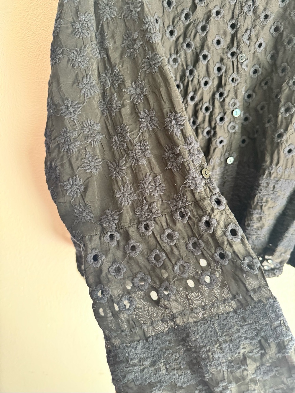 Johnny Was Black Eyelet V-Neck Long Sleeve button Front Top - Picture 6 of 10